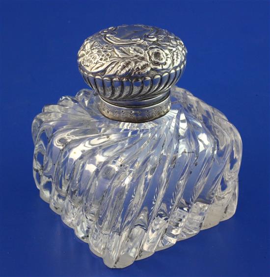 A late Victorian repousse silver mounted spiral glass inkwell, height 4.25in.